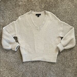 Ann Taylor Cream Ribbed V-Neck Sweater